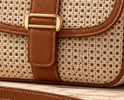 Close-up of a cognac leather flap with a warm gold buckle stitched onto a raffia body