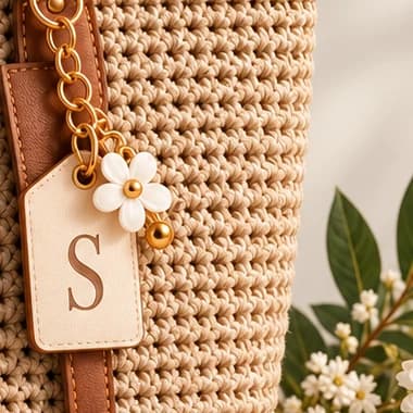 Close-up of a cream leather name tag with a serif initial, a white daisy with a gold centre and gold beads on a warm gold ring