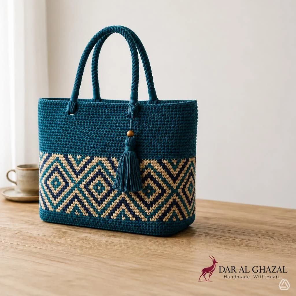 Natural raffia Dar Al Ghazal tote bag with cognac leather handles, base panel and a warm gold gazelle tag
