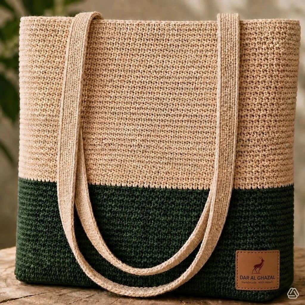 A woman in cream carrying a natural raffia Dar Al Ghazal tote in a sunlit courtyard, with the Modern Minimal bags arranged on travertine beside her