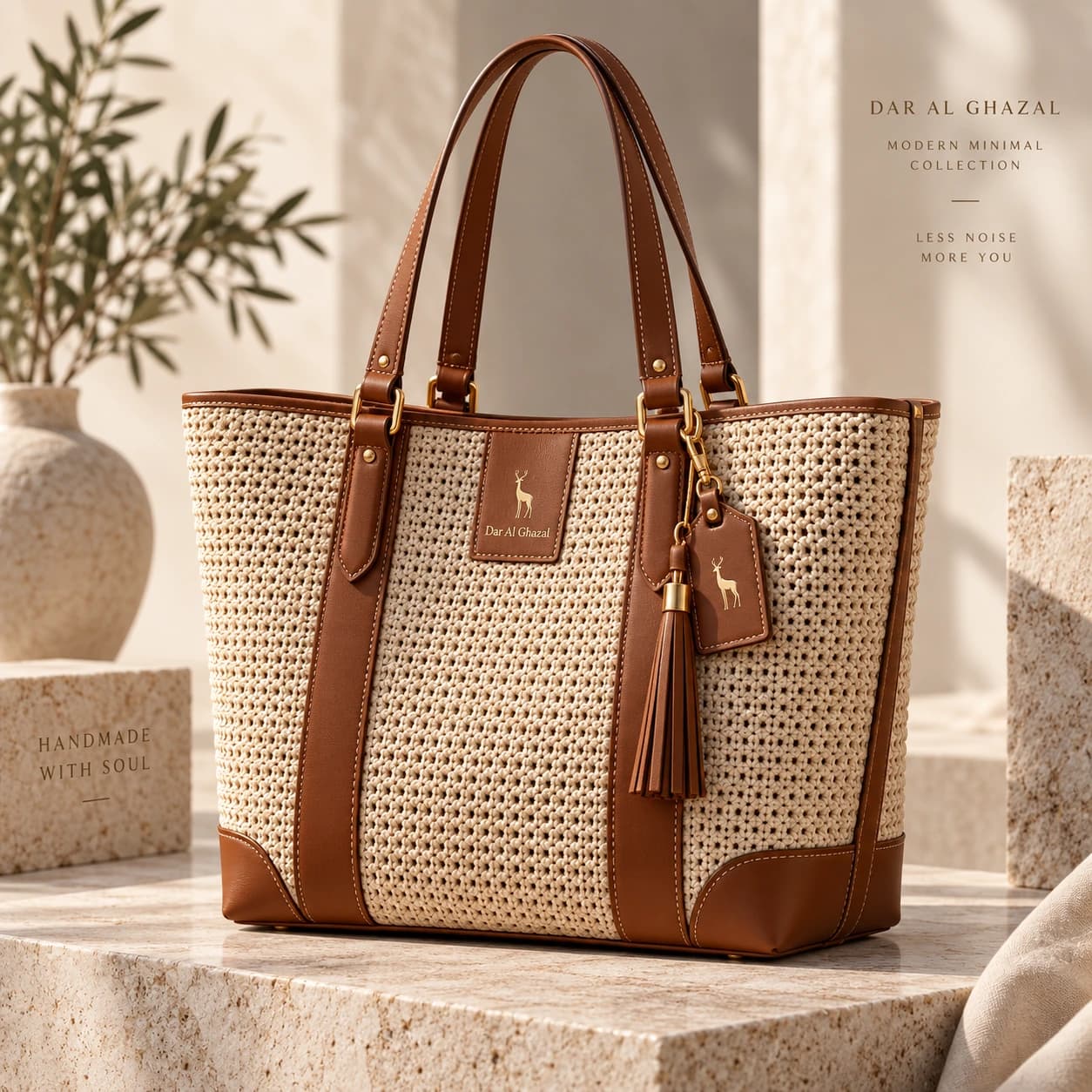 The Dar Al Ghazal Modern Minimal collection — a panelled raffia tote with cognac leather trims and warm gold hardware