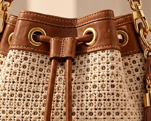Close-up of a cognac leather collar with hand-set warm gold eyelets and a leather drawstring
