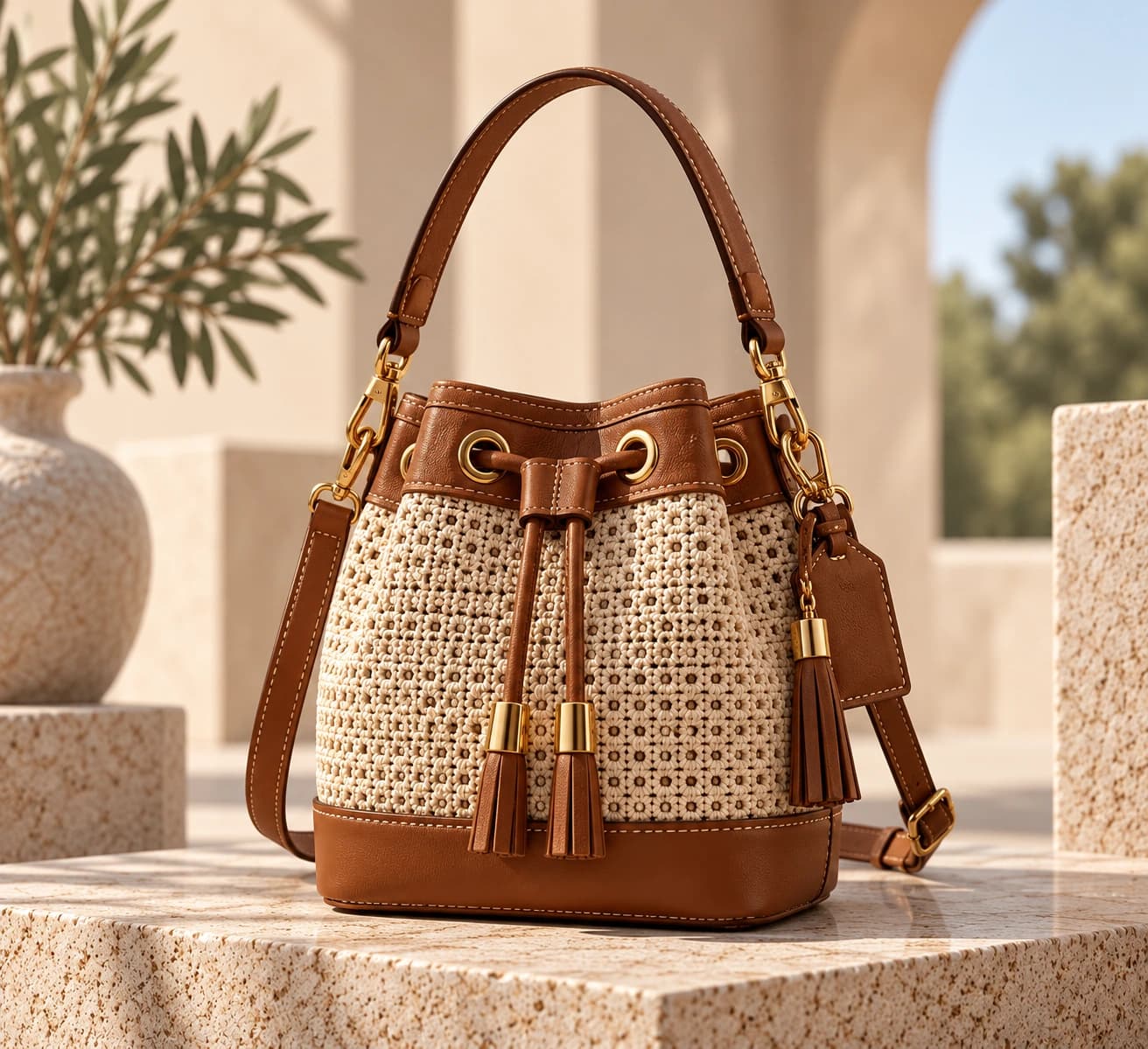 Cream crochet Dar Al Ghazal drawstring bucket bag on a cognac leather base, with warm gold eyelets and leather tassels