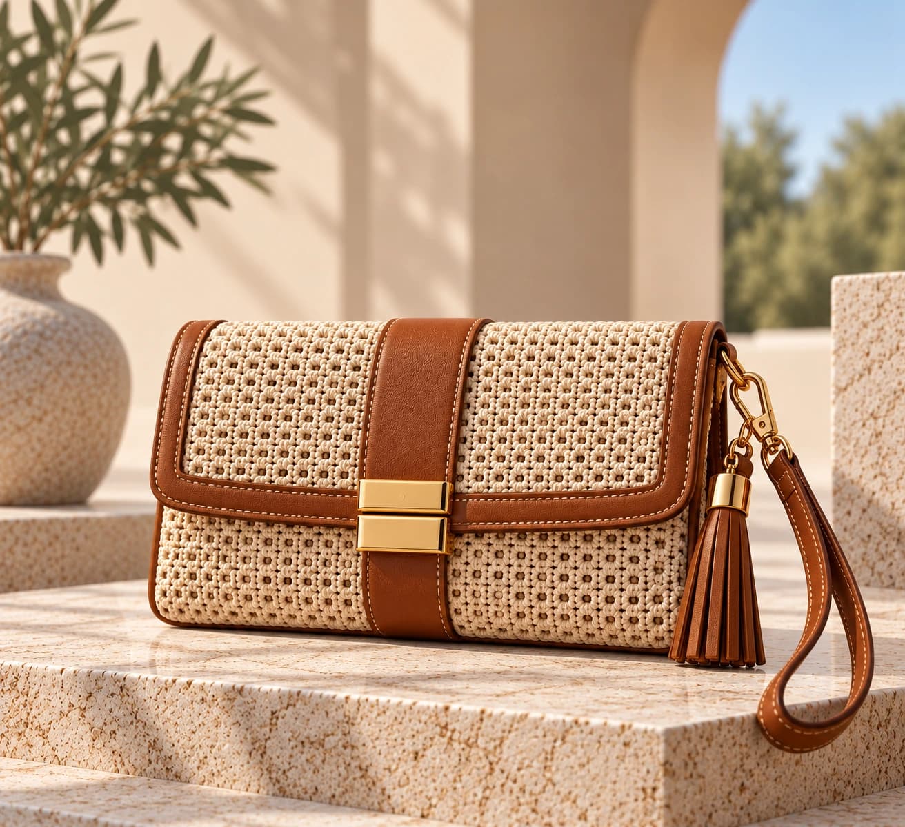 Cream crochet Dar Al Ghazal envelope clutch with cognac leather binding, a warm gold clasp and a detachable leather wristlet
