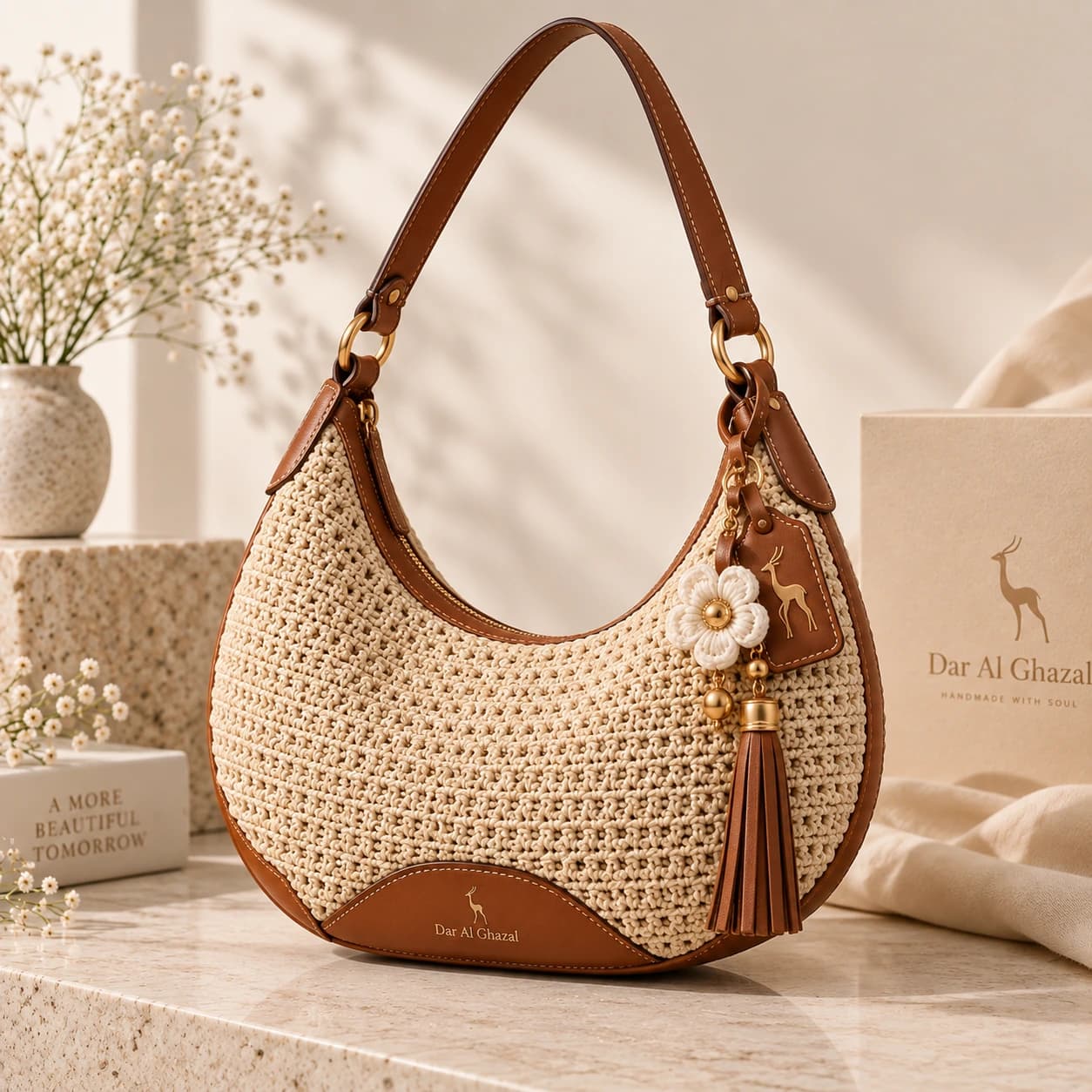 Cream crochet Dar Al Ghazal crescent shoulder bag with a cognac leather strap on warm gold rings