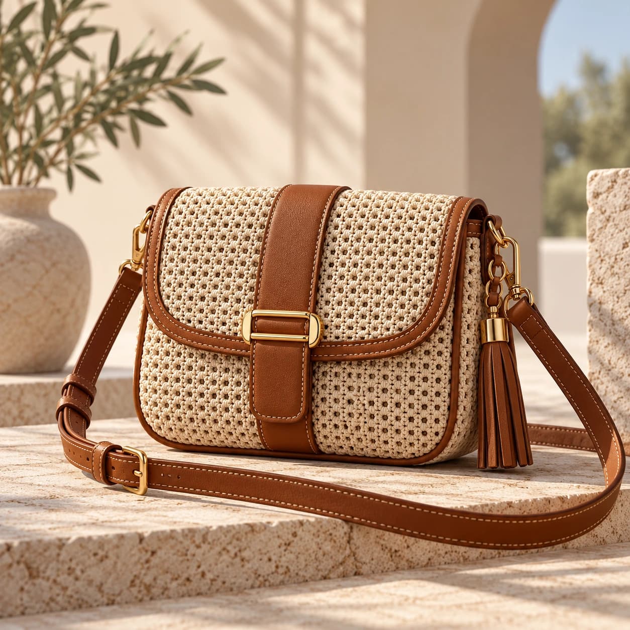 Cream crochet Dar Al Ghazal crossbody bag with a cognac leather flap, warm gold buckle and adjustable strap