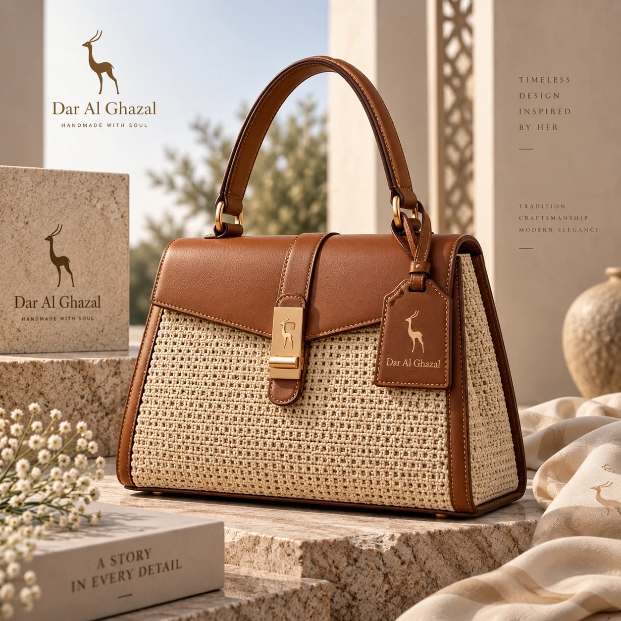 Natural raffia Dar Al Ghazal top-handle handbag with a cognac leather flap, warm gold turn-lock and leather gazelle tag