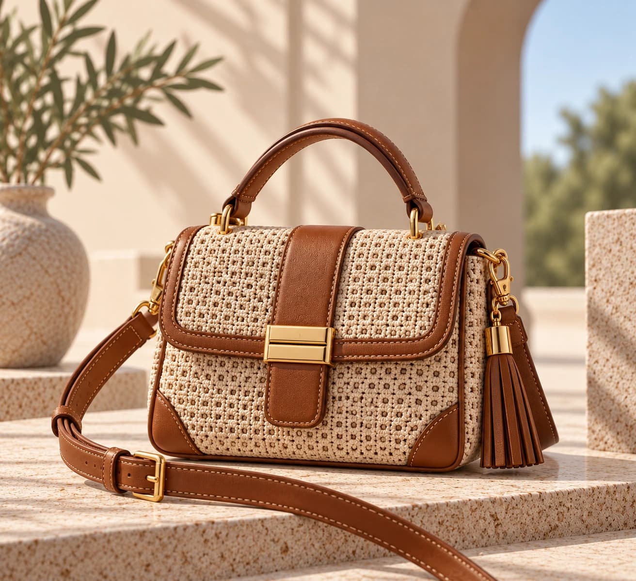 Cream crochet Dar Al Ghazal mini bag with a short cognac leather top handle, warm gold clasp and leather tassel