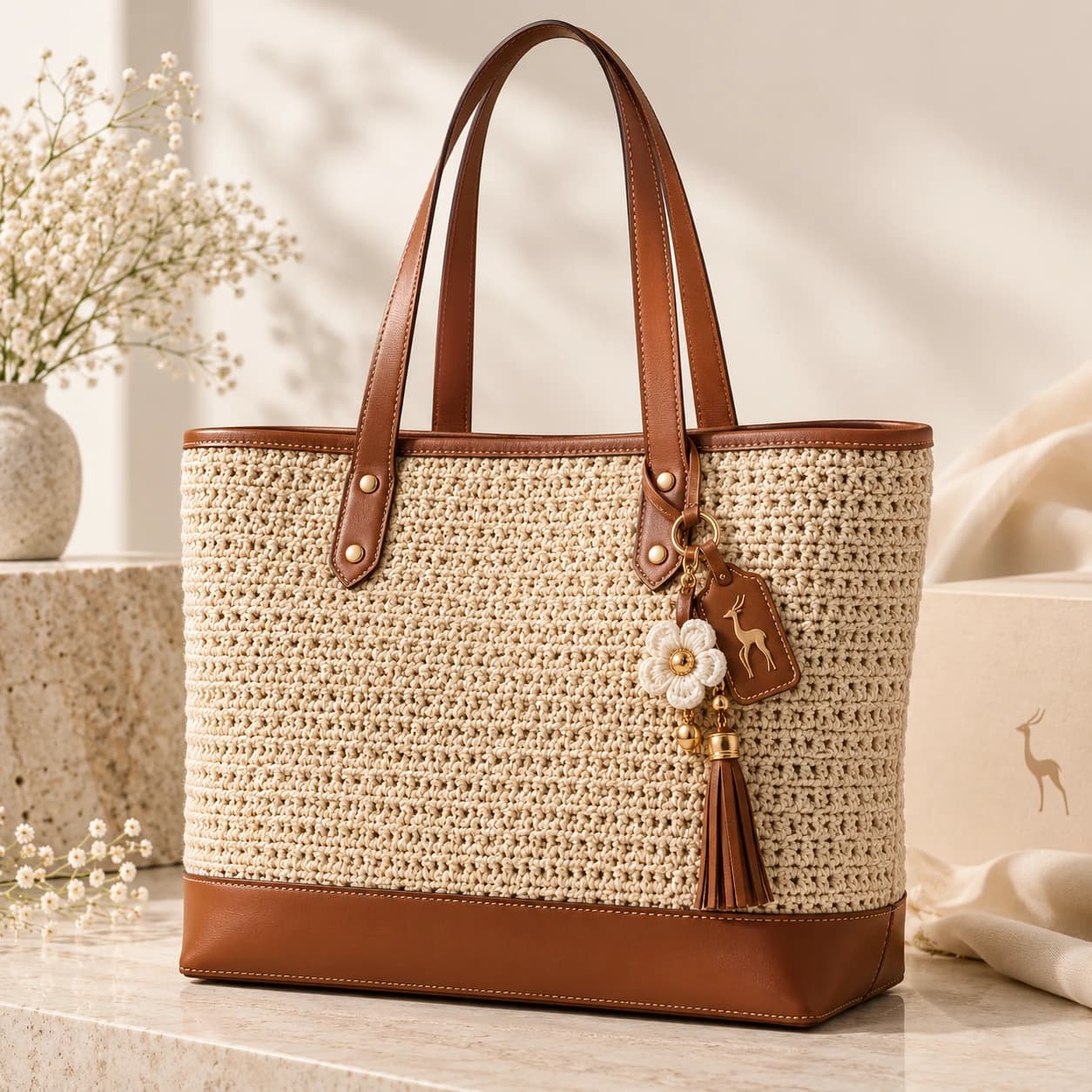 Natural raffia Dar Al Ghazal tote bag with cognac leather handles, base panel and a warm gold gazelle tag